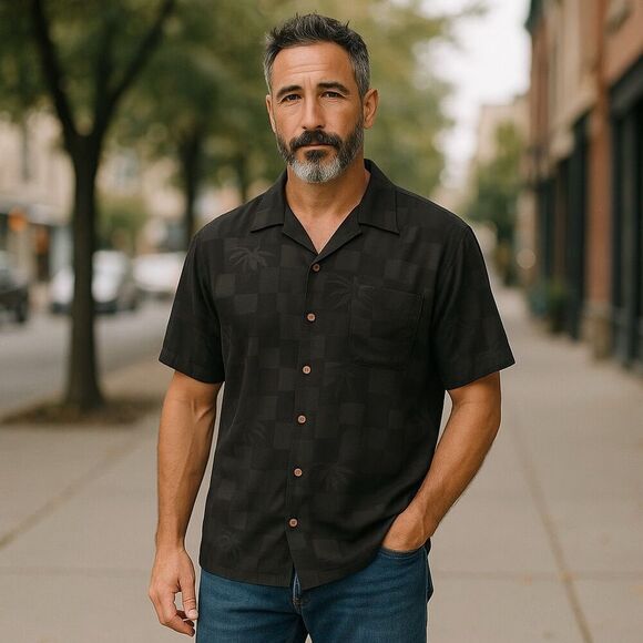 Havana Jack's Cafe Men's XL Black Check Silk Blend Short Sleeve Shirt - Picture 1 of 5